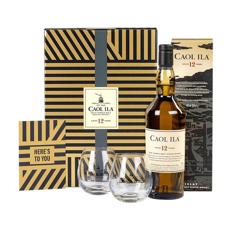 Caol Ila 12 Year Old Islay Single Malt Scotch Whisky 70cl in a High Quality Gift Set With Glasses & Greeting Card