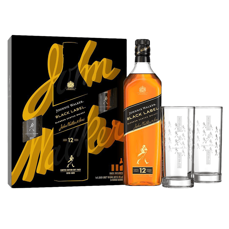 Johnnie Walker Black Label Blended Scotch Whisky 70cl Giftpack with 2 Highball Glasses