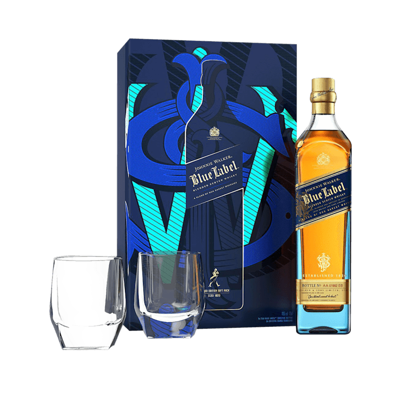 Johnnie Walker Blue Label Blended Scotch Whisky Gift Pack with 2 glasses, 70cl