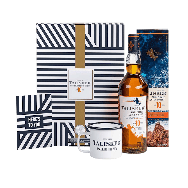 Talisker 10 Year Old Single Malt Scotch Whisky 70cl in High Quality Gift Set With Enamel Cup & Greeting Card